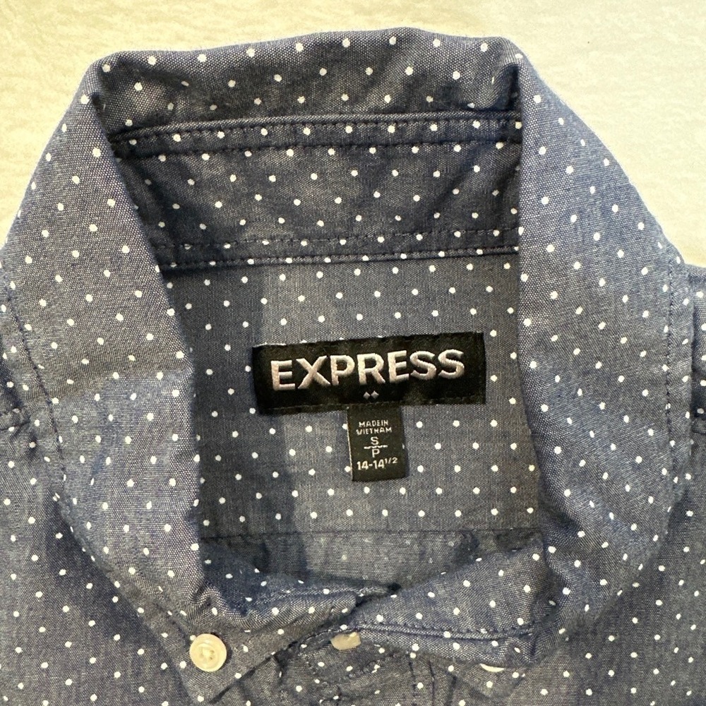 Express Mens Blue Polka‎ Dot Long Sleeve Button Down Shirt Small 14-14.5 Cotton - Picture 6 of 8